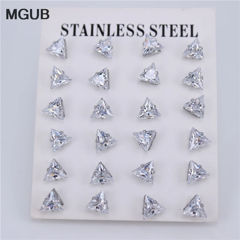 

High quality Stainless Steel fashion Jewelry 12 pairs/set Silver Color triangle Cubic Zirconia Stud Earrings for Women ZN31