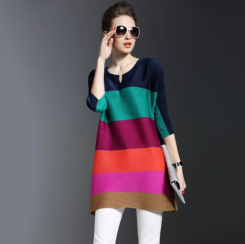LANMREM летняя плиссированная одежда для женщин в полоску контрастного цвета свободная повседневная футболка с рукавом три четверти длинные топы NA953