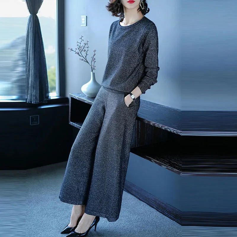 

2 piece set woman sweater suits knitted suit sets pull pullover and pant two piece outfits jumpsuit trousers female plus size