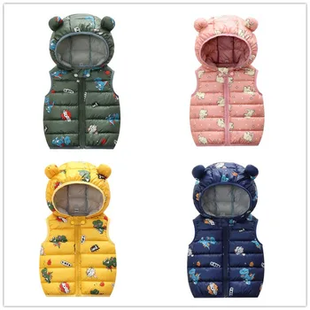 

Childrenswear 2020 New Style Cartoon Paragraph down Cotton Hooded Printed Waistcoat Candy-Colored Children Thin Coat Baby