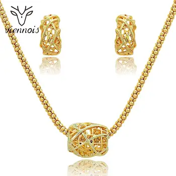 

Viennois Dubai Jewelry Set For Women Gold Color Geometric Hollow Out Necklace and Stud Earrings African Jewelry
