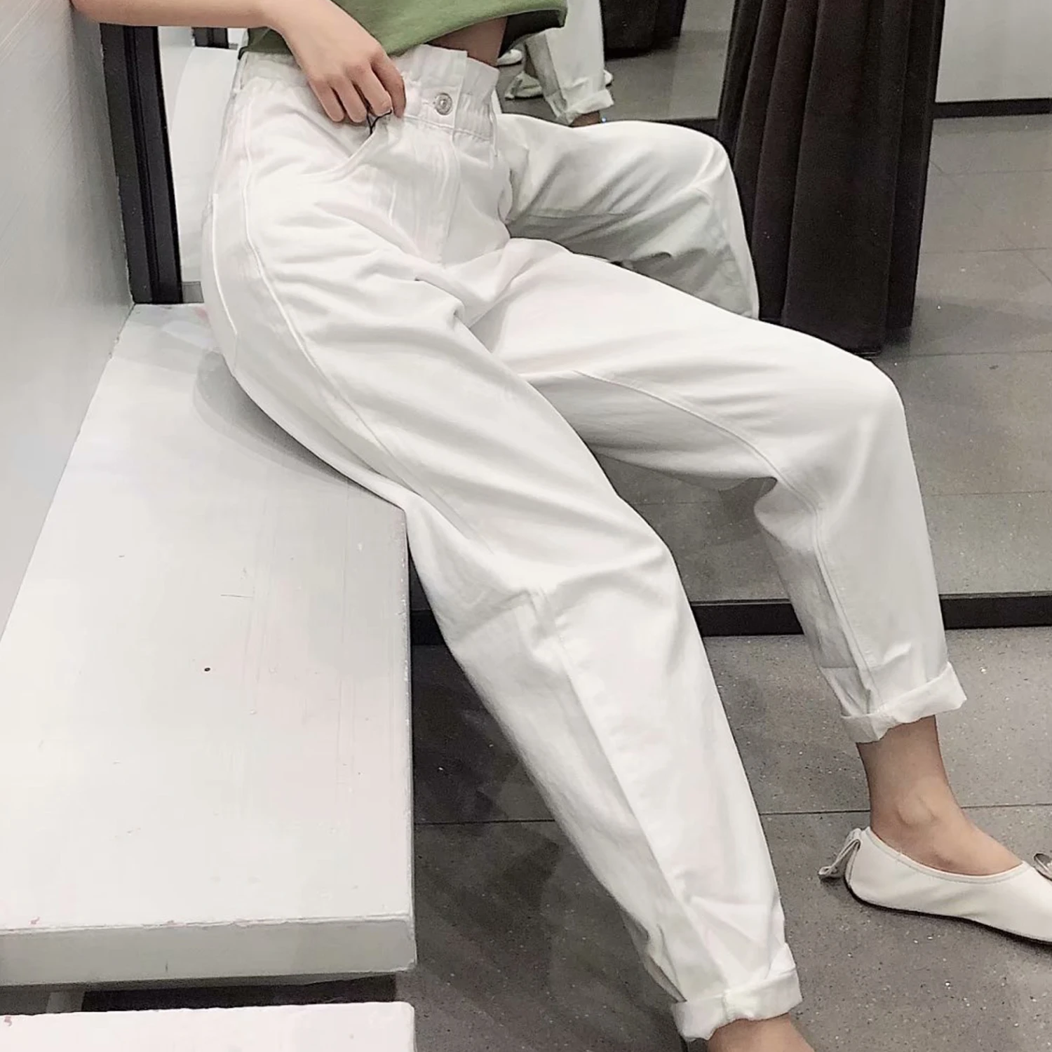 

Autumn solid white long pants women Washed cotton denim cloth front button Elastic high waist New Casual concise trousers femme