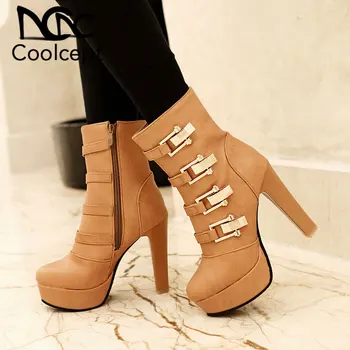 

Coolcept Newest Plus Size 33-43 High Heels Shoes Woman Mid-calf Boots British Style Platform Autumn Winter Shoes Boots Women