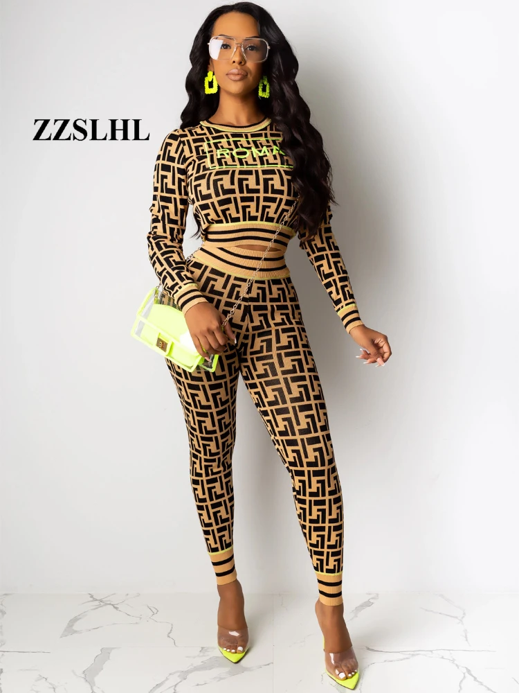 

ZZSLHL Fashion Women Tracksuits Hot Sale Slim-fit Printed 2 Piece Set 2019 Long Sleeve Tops And Long Pencil Pants DropShipping
