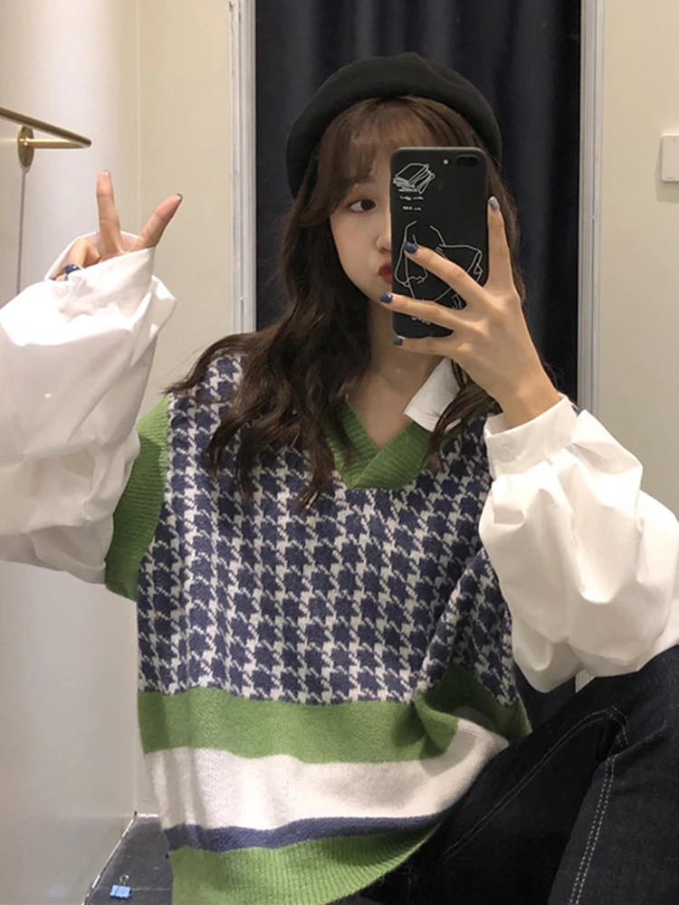 

Cool Casual Patchwork Puff Sleeve Sweater Women Knitted Jumper Colorful Print Pullover Pull Femme Jersey Mujer