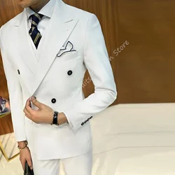3Pcs Double Breasted Peak Lapel White/Green Blazer Trousers Men Suits Sets Bridegroom Suits Dinner Party Wear Jacket Pants Vest