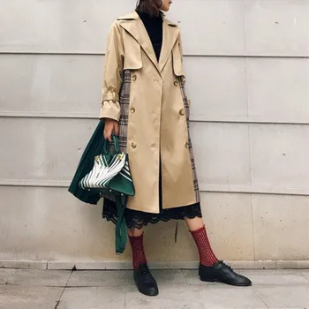 

Autumn Women Long Sleeve Turn-Down Long Coat Pockets Khaki Pleated Plaid Patchwork Trench