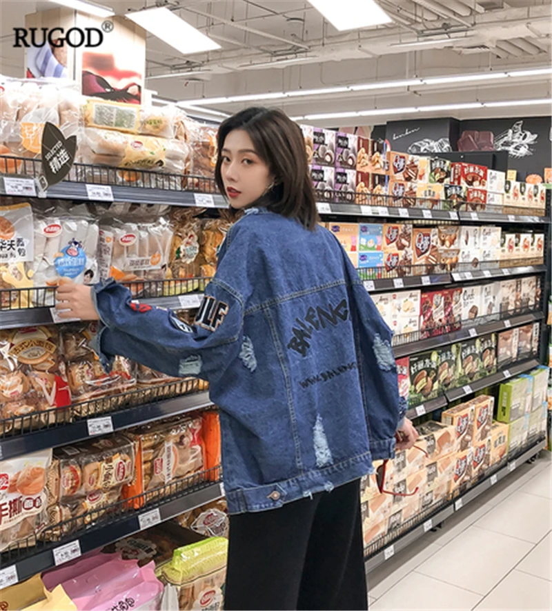 

RUGOD 2019 New Autumn Women Denim Jacket Embroidery Letter And Pattern Frayed Female Coat Temperament Stylish Korean Jacket