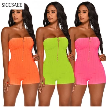 

Zipper Front Strapless Bodysuit For Women Off Shoulder Bodycon Bandage Playsuits Sexy Knitted Jumpsuits And Rompers Backless