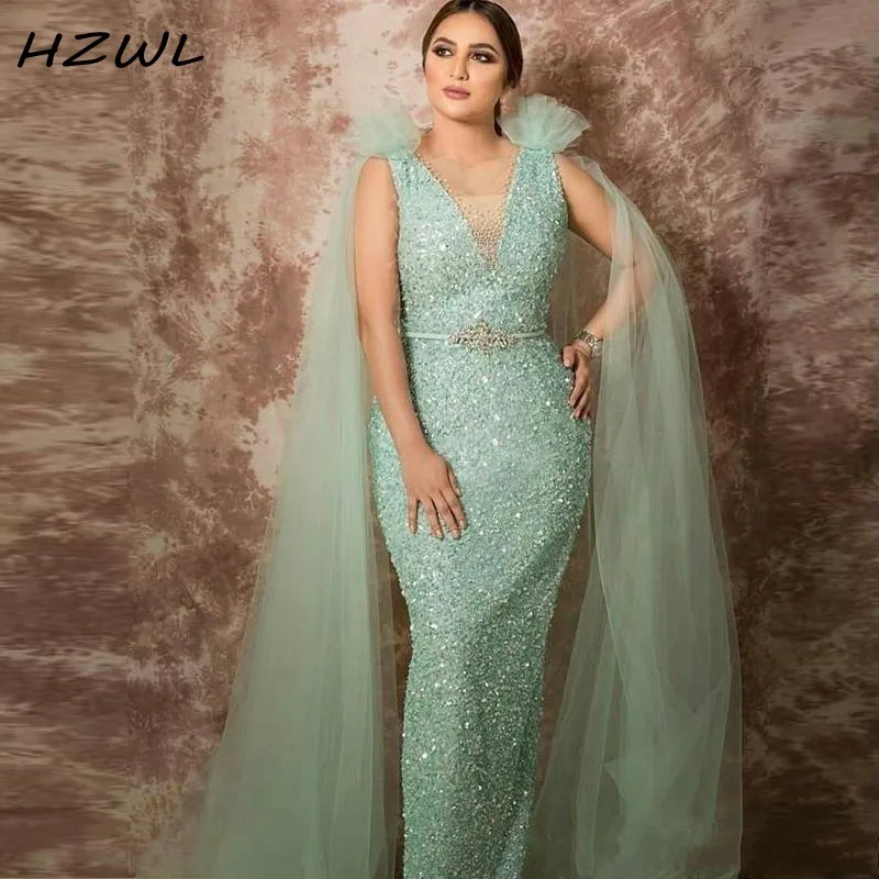 Shiny Mint Sequined Prom Dresses with Wrap Sequins Beaded Mermaid Evening Gowns Plus Size Party Wear African платье | Свадьбы и