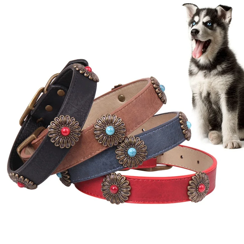 

Spot Bronze Daisy Pet Collar Blue Black Red Collars Leads Dog Necklace With Bronze Flowers Bronze Collar Adjustable x