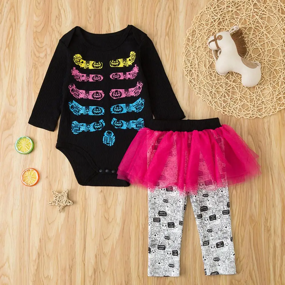 

Baby Clothes 2019 New Toddler Kids GirlsBone Print Halloween Romper +TuTu Skirt Pants Outfits 2Pcs Set Cute Clothes
