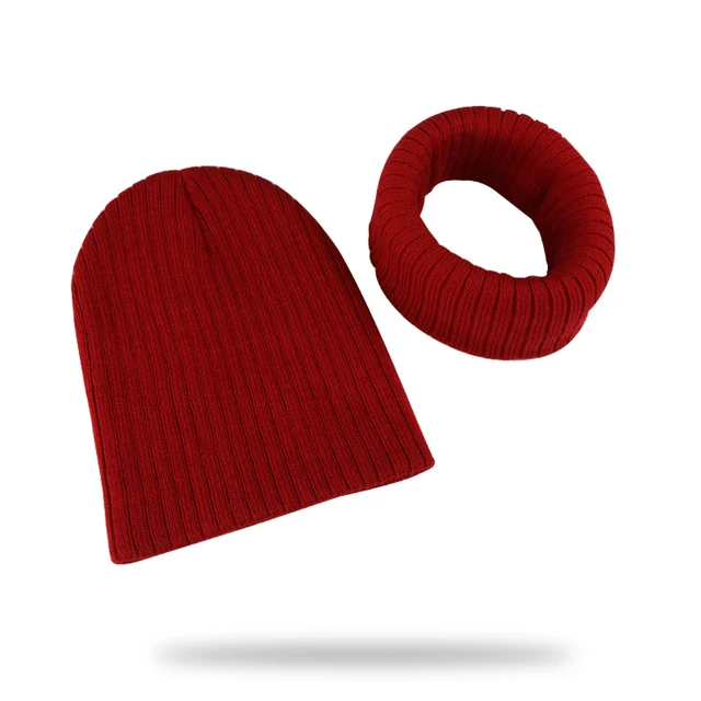 Winter Kids Boy Girl Solid Color Knitted Cap And Scarf Set Crochet Baby Beanie Hat Children's Accessories Bonnet Red