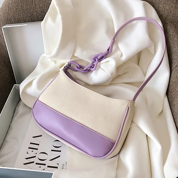

Contrast Color Canvas Underarm Bag Baguette bags MINI Shoulder Bags For Women 2020 Chain Design Luxury Hand Bag Female Travel