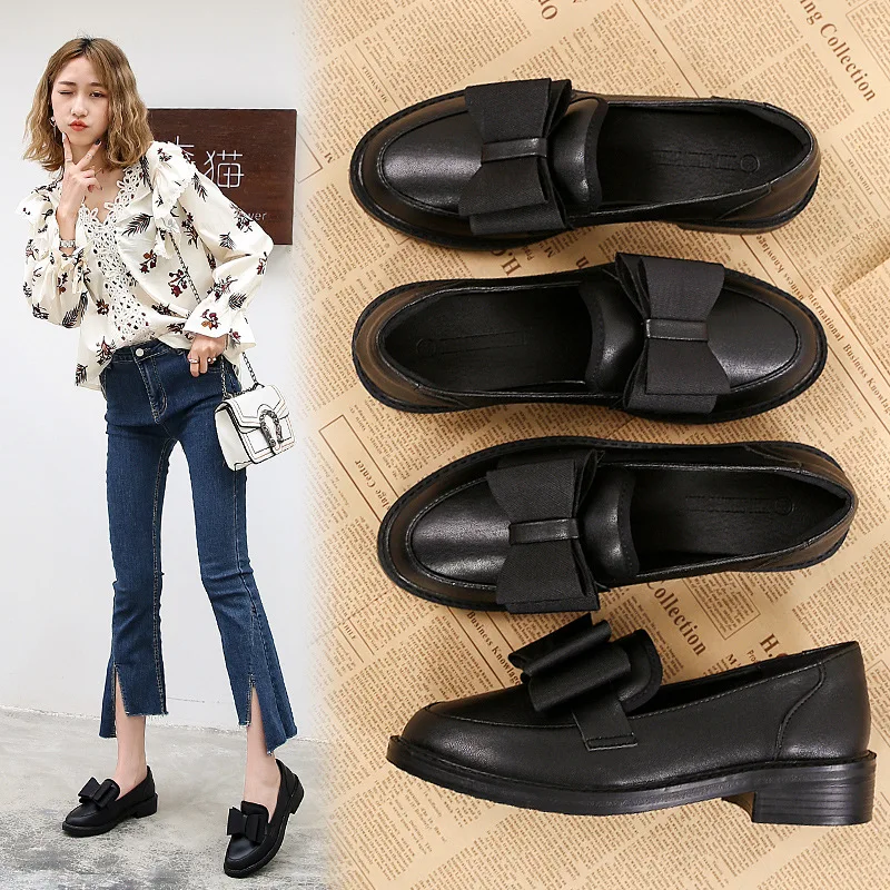 

Small Leather Shoes Women's Korean-style Versatile Autumn 2019 New Style British-Style Black And White with Pattern Leather Shoe