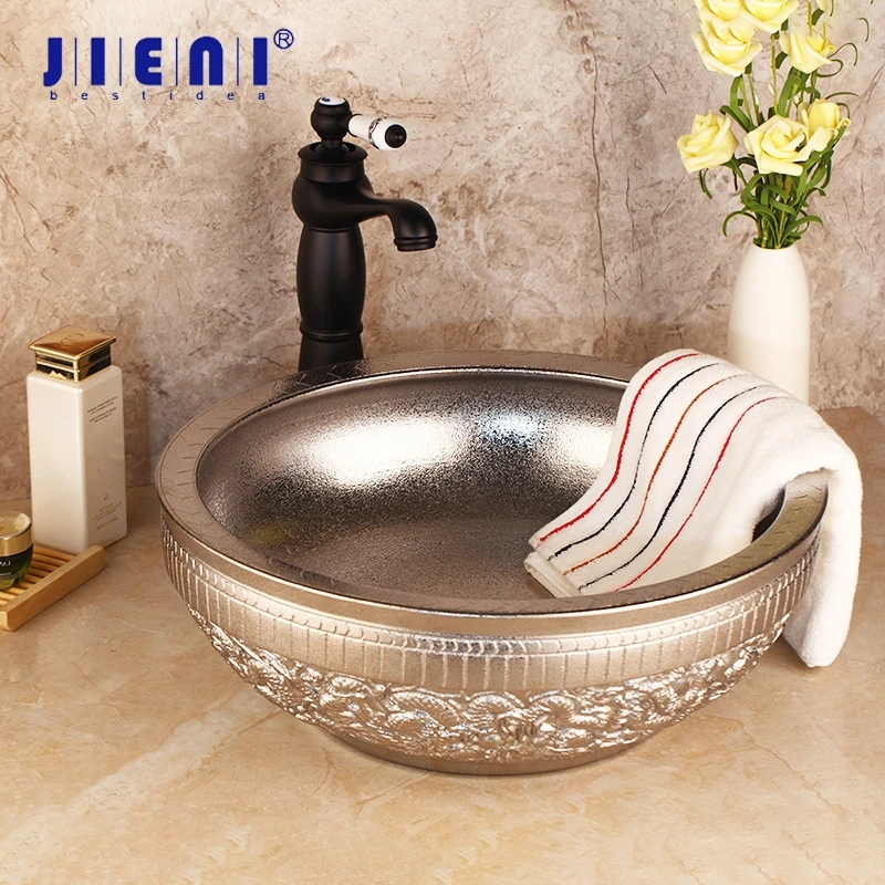 

JIENI Silver Bathroom Bowl Sink Ceramic Washbasin Set Hand Painting Lavatory Bath Basin Combine & Brass Black Faucet Mixer Tap