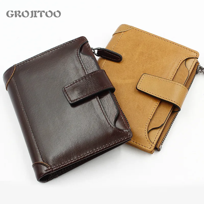 

GROJITOO Genuine Leather Wallet For Men Short buckle zipper Men purse Change purse High Quality Business Wallet For Men Coin Bag