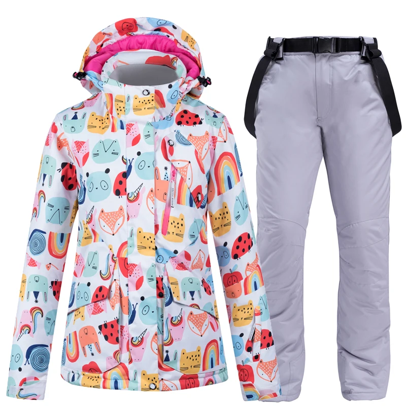 Новая модная цветная женская зимняя одежда, костюм для сноубординга, водонепроницаемые ветрозащитные зимние спортивные лыжные куртки+ нагрудники, зимние штаны - Цвет: Pic jacket and pant