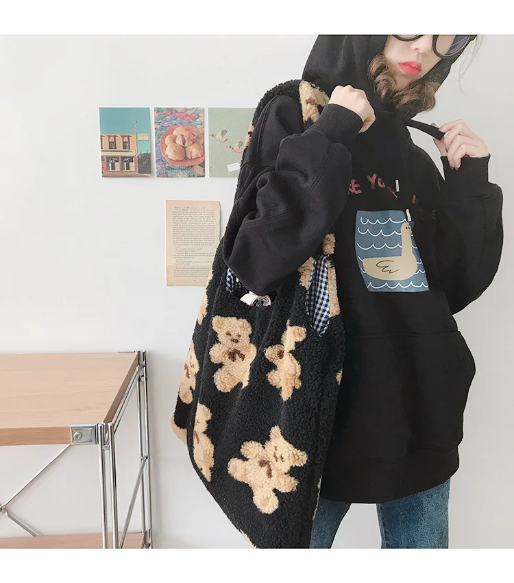 Women Plush Shoulder Bag Warm Cloth Fabric Handbag Soft Canvas Tote Large Capacity Shopping Bags Cute Bear Book Bags For Ladies