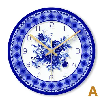 

Wall Clock Chinese Simple Living Room Creative Clock Blue White Porcelain Pattern Silent Clock Household Glass Clock C118