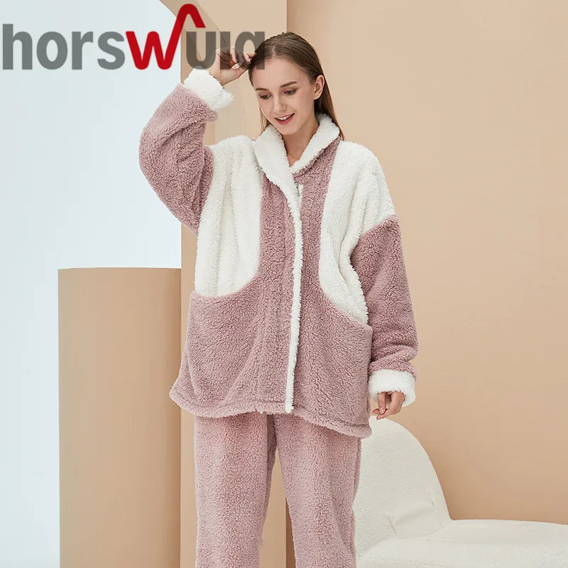 

horswula Pajamas Women Autumn Winter Flannel Nightgown Thickened Plus Velvet Home Clothes Cardigan Ladies Men Sleepwear Suit