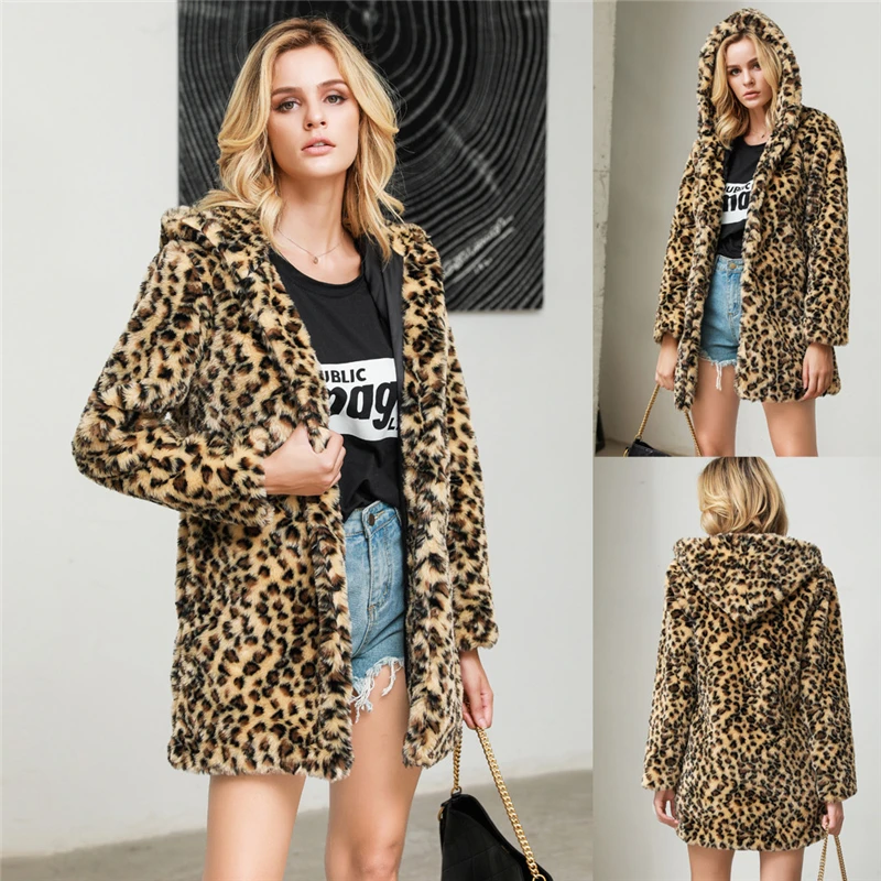 

Fashion Women Leopard Faux Fur Coat Cardigan Loose Hooded Pocket Outwear