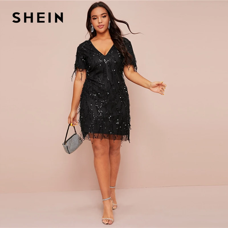 

SHEIN Plus Size Glamorous Contrast Sequin Fitted Dress Women Spring Short Sleeve Deep V Neck Solid A-line Sexy Short Dresses