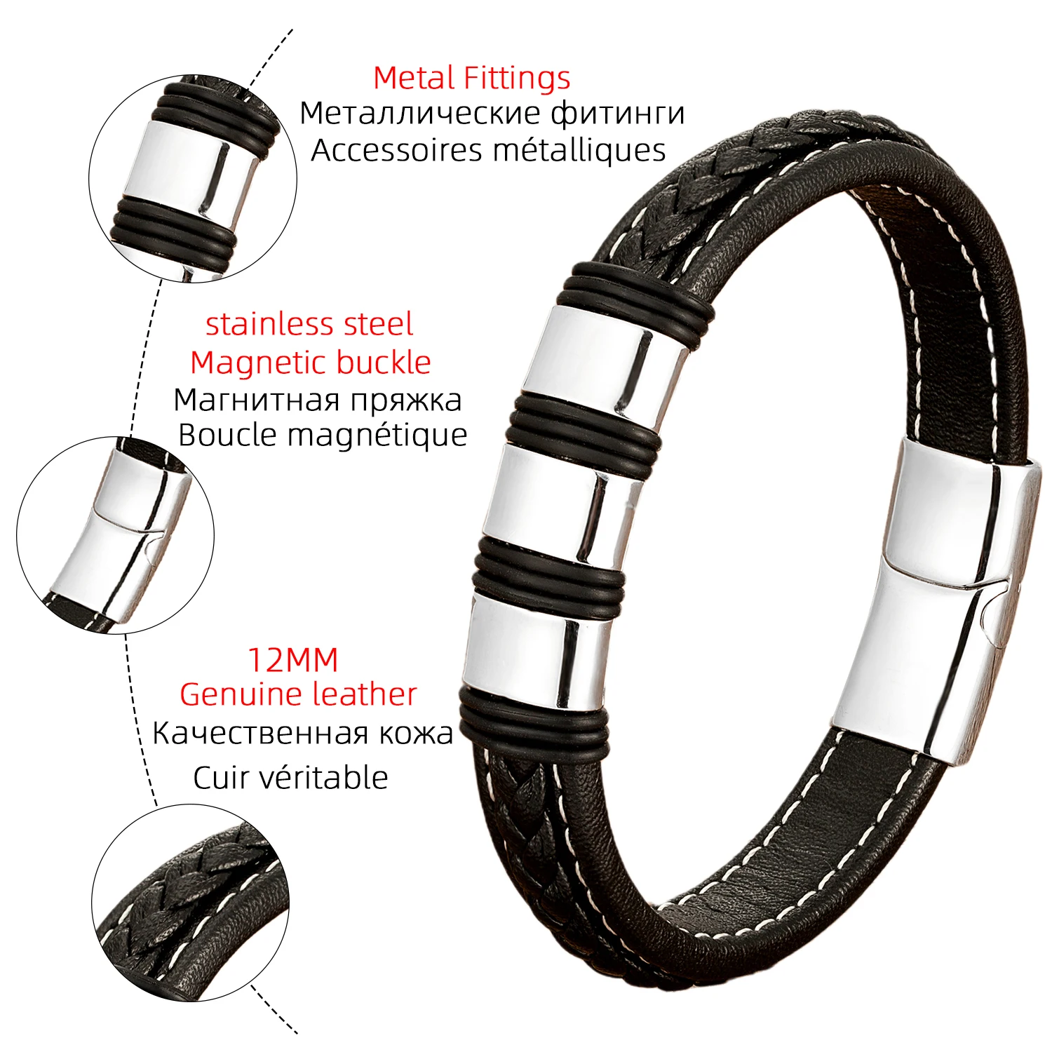 Braided Leather Rope Chain Gold Metal Men's Bracelets Charm Stainless Steel Magnetic Clasp For Bracelet Homme Jewelry Gift - Image 5