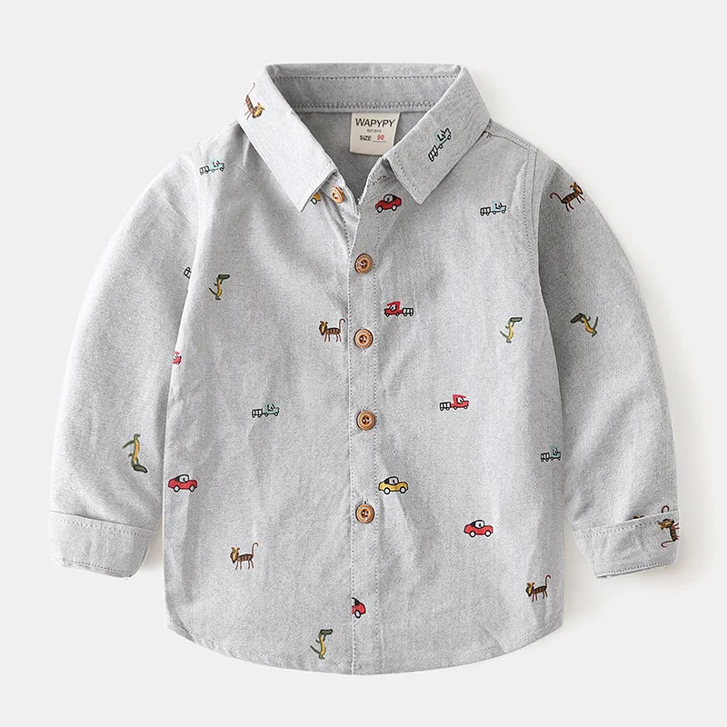 Boys Long Sleeve Shirts Cotton Oxford Car Printing Autumn