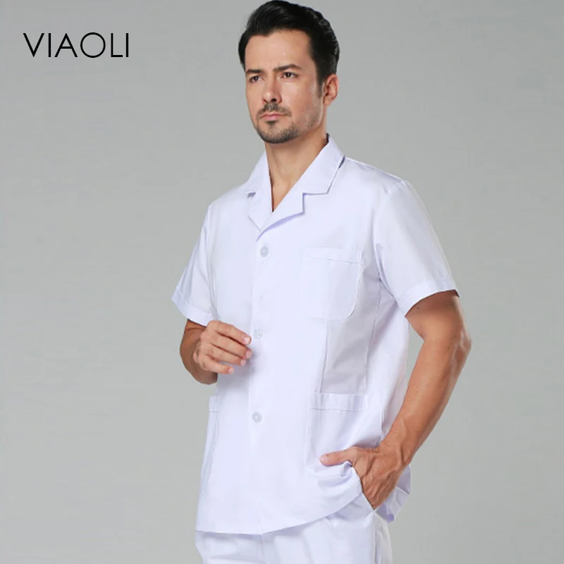 VIAOLI short Sleeve men Medical Coat Uniform Medical Lab Coat Hospital Doctor Clothes suit collar White and blue lab coat