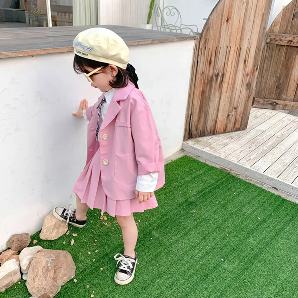 Коллекция года, Осенние комплекты одежды для детей Детский однотонный блейзер с длинными рукавами для мальчиков и девочек, пальто+ юбка-пачка/штаны, официальный праздничный костюм для детей от 2 до 8 лет - Цвет: Pink