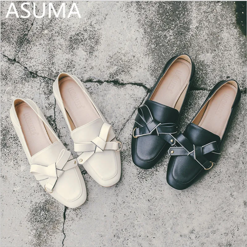 

Woman Flats Ballet Shoes Bow Autumn 2019 Luxury Female Loafer Shoes Casual Slip On Flat Lady Leather Square Flats for Woman