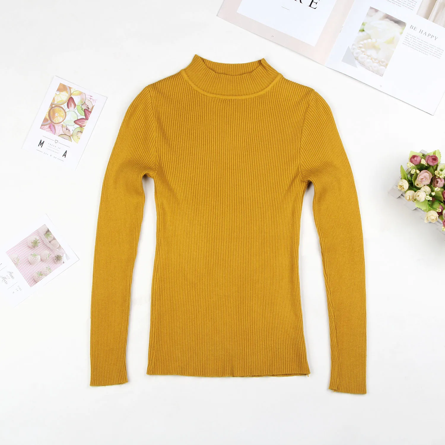 Цвет: желтый DeRuiLaDy Fall New Women Turtleneck Sweater Pullover Black Pink Knitted Slim Sweaters Tops Winter Casual Sweater Jumper Top - Цвет: Цвет: желтый