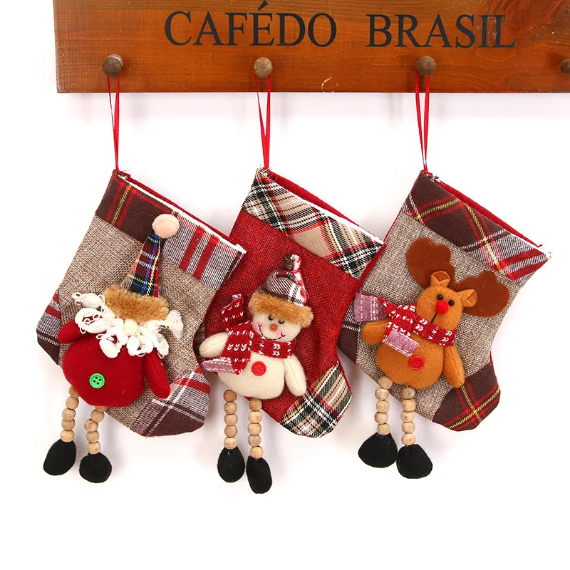 

3pcs Sock Gift Candy Bags with Wooden Bead Christmas Xmas Tree Hanging Party Tree Decor Santa Stocking New Year Decoration