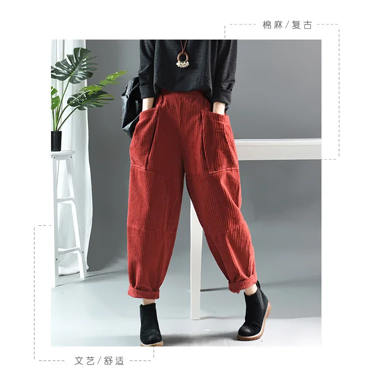 Runback Pantalones Mujer вельветовые повседневные женские штаны-шаровары в стиле ретро с большими карманами, брюки с высокой талией, Весенняя однотонная женская одежда