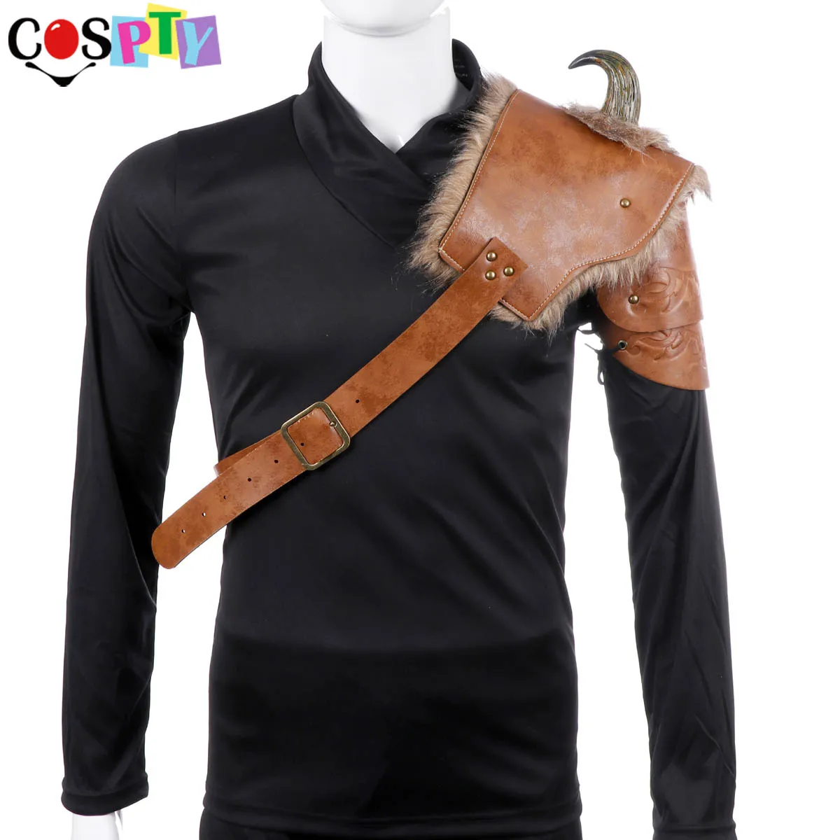 Najtaniej Cospty średniowieczny wojownik mężczyźni pancerz kostium Cosplay LARP dla dorosłych PU skórzane brązowe futro Viking na ramię zbroja z róg