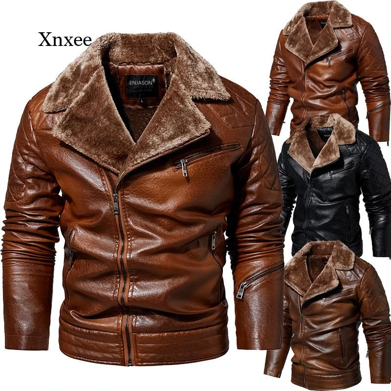 Pu Leather Coat Winter Men Leather Jacket Vintage Motorcycle 2021 Fur Lined Lapel Outwear Faux Leather Fashion Warm Mens Jackets genuine leather jacket mens