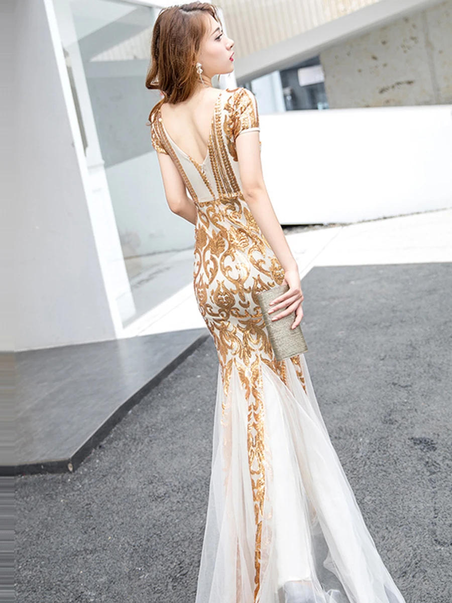 Evening Dress O-neck Short Sleeve Robe De Soiree Sexy Backless Women Party Dress Floor Length Sequin Formal Gown F276-1