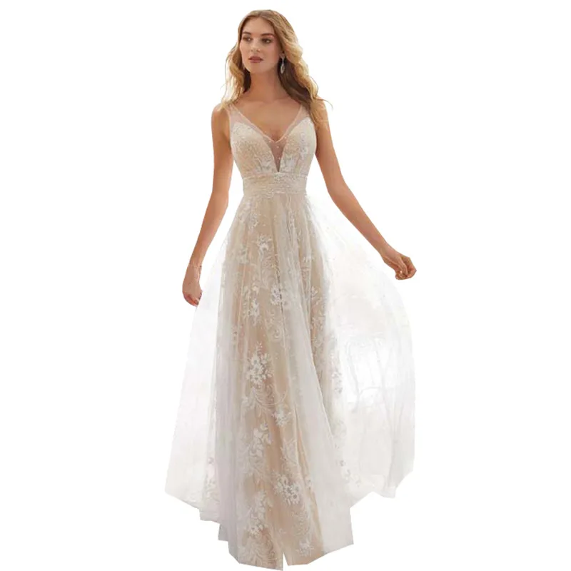 

Charming A-Line V Neck Wedding Dresses Sleeveless Lace Appliques Open Back Sexy Court Train Beading Plus Size Beige Bride Gown