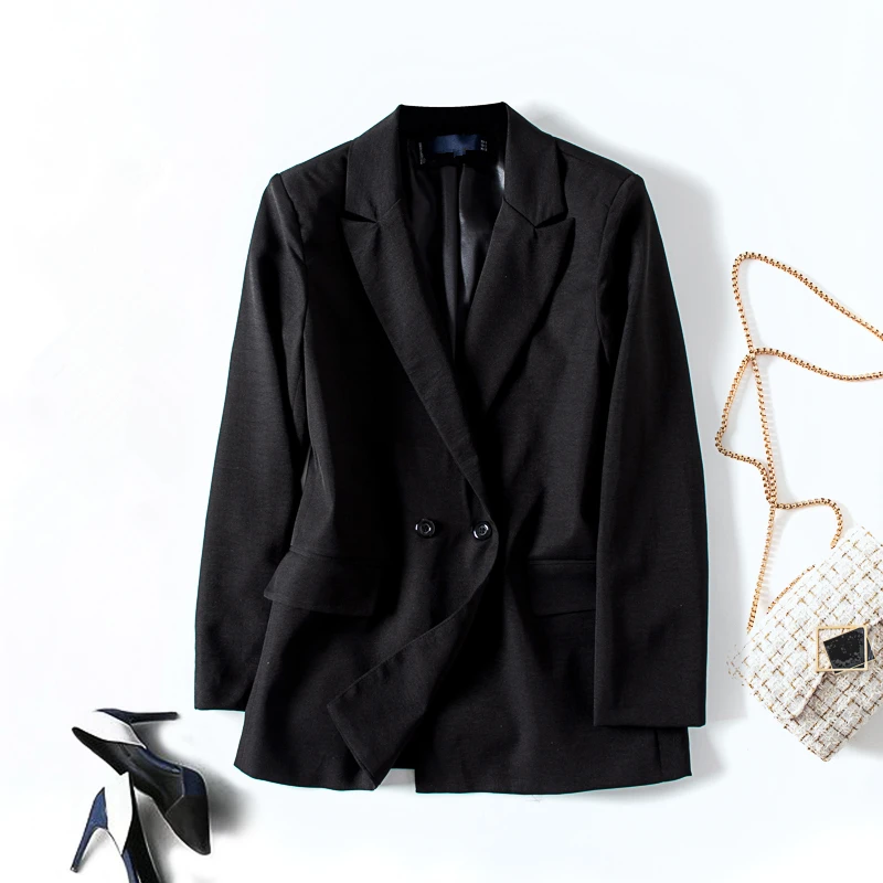 GCAROL, новинка, женский двубортный Блейзер, 30%, хлопок, классический воротник, 2 кармана, OL, офисный черный костюм, Осень-зима, куртка средней длины