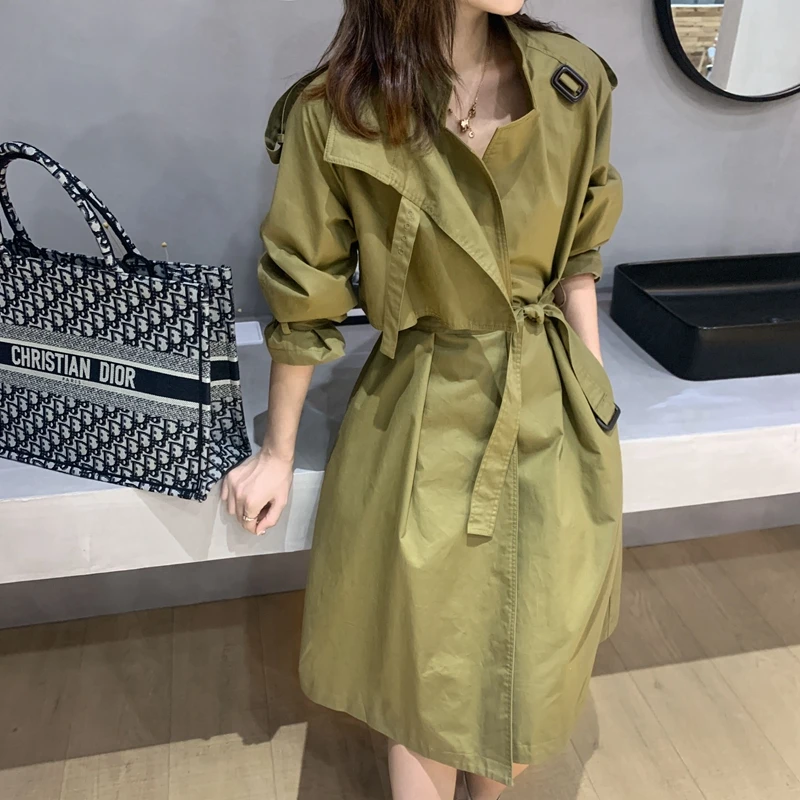 

Temperament Trench Coat Women's 2020 Spring New Style Khaki Lace-up Mid-length Trench Coat Women's Long Windbreaker Outwears
