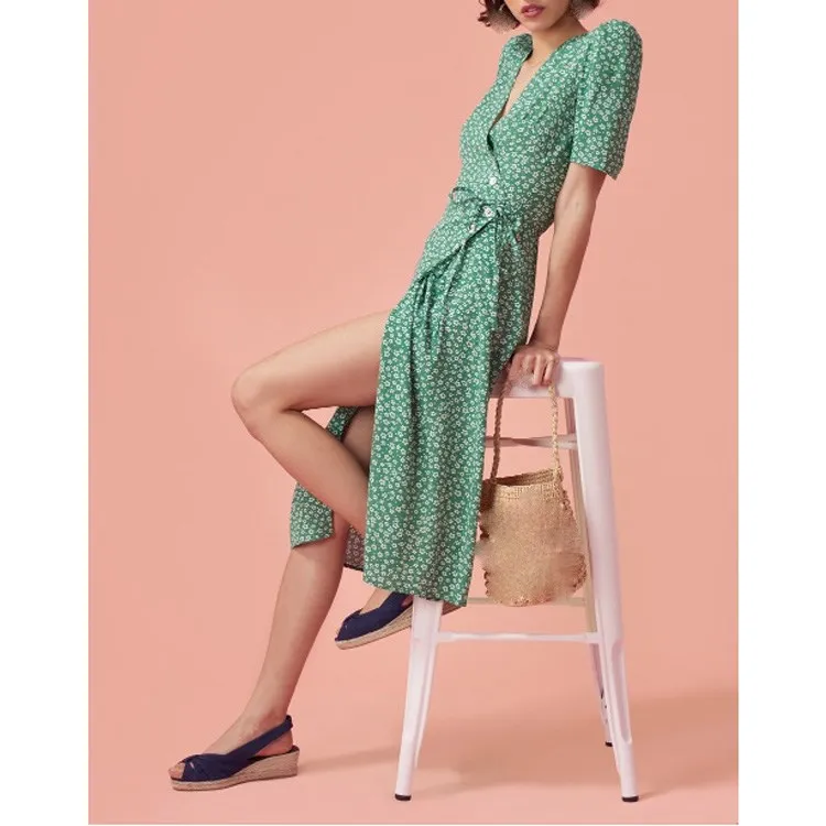 Mooie Zomer Zoete Vrouwen Bloemenprint Jurk Sjerpen Knoppen Midi Lengte Wrap Jurk Met Riem Boho Strand Jurk Mooie Zomer Zoete Vrouwen Bloemenprint Jurk Sjerpen Knoppen Midi Lengte Wrap Jurk Met Riem Boho Strand Jurk