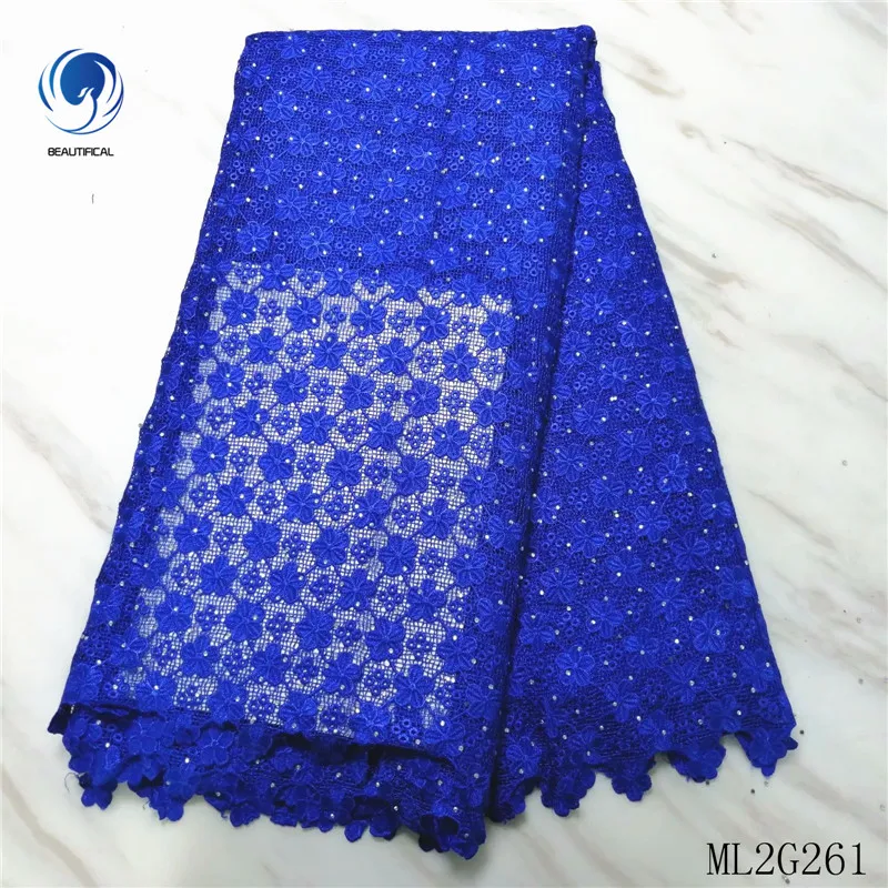 

BEAUTIFICAL african lace fabrics Fashion blue flowers embroidery water soluble lace fabric with stones 5yards/lot ML2G261