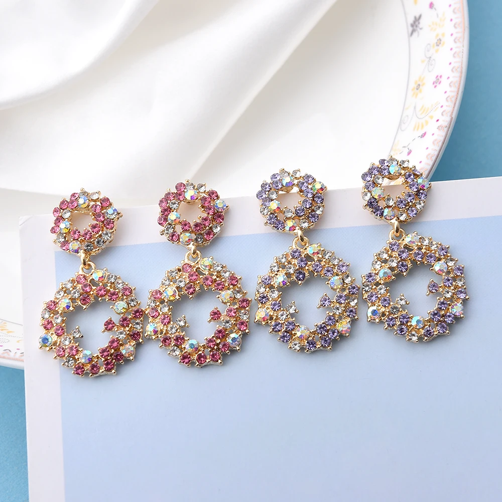 

Ztech New Korean Style Pink Purple Crystal Earrings For Women Girls Luxury Rhinestone Jewellry Brinco Pendientes Wholesale