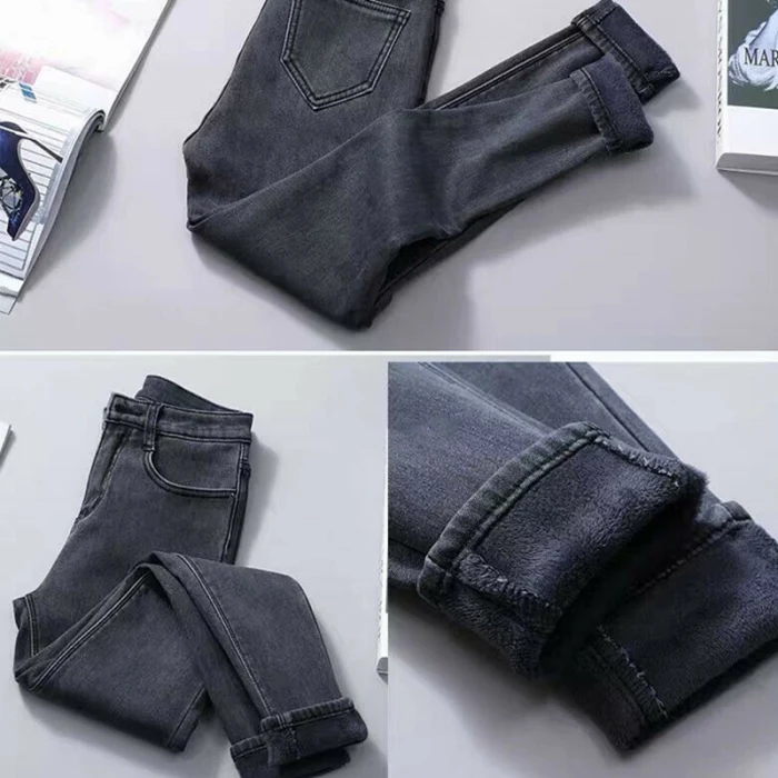 Женские теплые джинсы с высокой талией, джинсовые брюки с флисовой подкладкой, эластичные брюки, обтягивающие брюки, QL распродажа