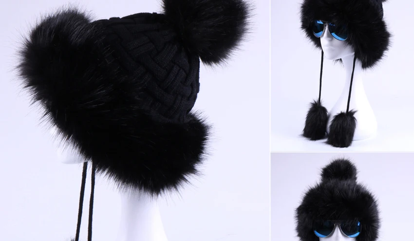 Waliicorners Earflap Female Winter Fleece Snow Ski Caps Trapper Aviator Cap Faux Fox Fur Cossack Fluffy Pompom Bomber Hats 10 H77e9ba3ffb564bf09d25a5680b15e9e6h