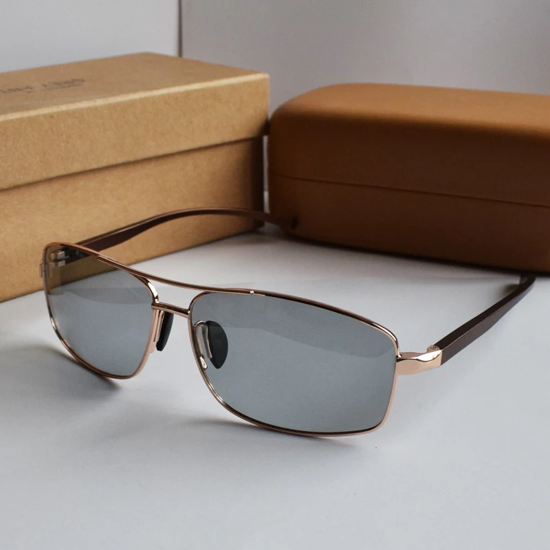 Zerosun Photochromic Polarized Men Rectangle Sun Glasses for Man Driving Chameleon Anti Reflection UV400 Polaroid transition - Цвет линз: gold frame