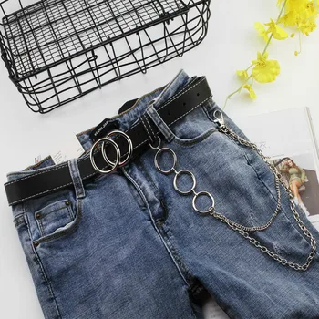 

Double Ring Women Belt Fashion Waist Chain Punk Belt PU Leather Metal Buckle Belts For Ladies Leisure Dress Jeans Wild Waistband