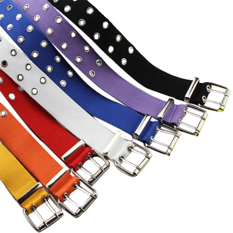 Women Studded Grommet Hole 2 Row Pin Buckle Canvas Nylon Belt Waistband