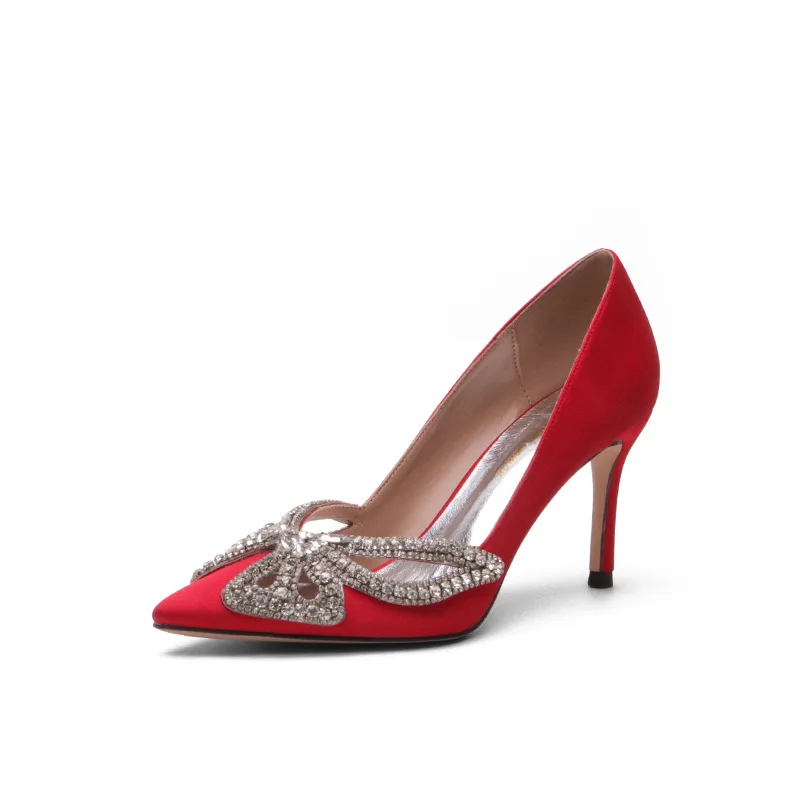 

High Heel Shoes Women's 2020 New Style Spring Pointed-Toe Thin Heeled Bow Man-made Diamond Banquet Shoes Red Wedding Shoes Bm191